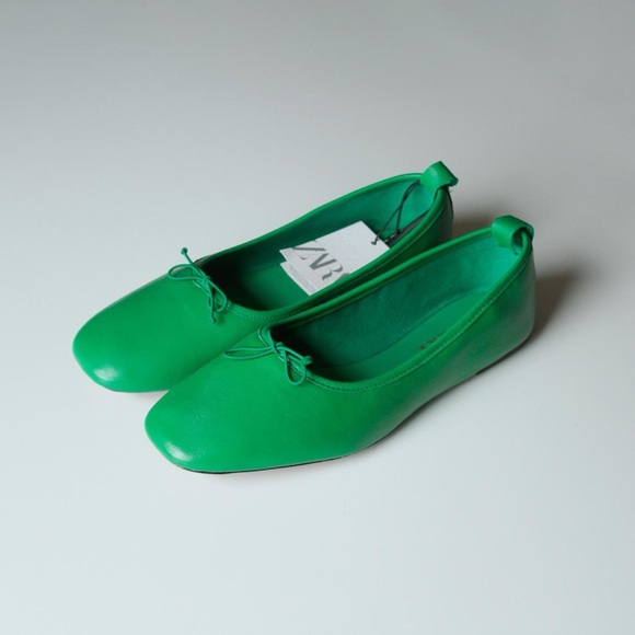 ZARA Bright Green Colorful Ballet Flats Leather Bow Soft Shoes Square Toe Sz 7.5 - Picture 4 of 16
